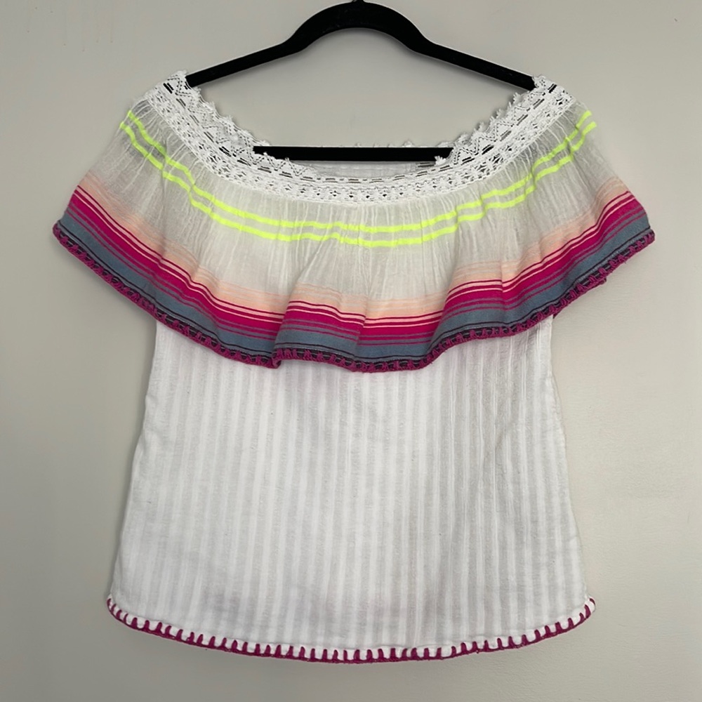Anthropologie Ban.Jara White & Neon Stripe Off-Shoulder Crochet trim Top Sz M